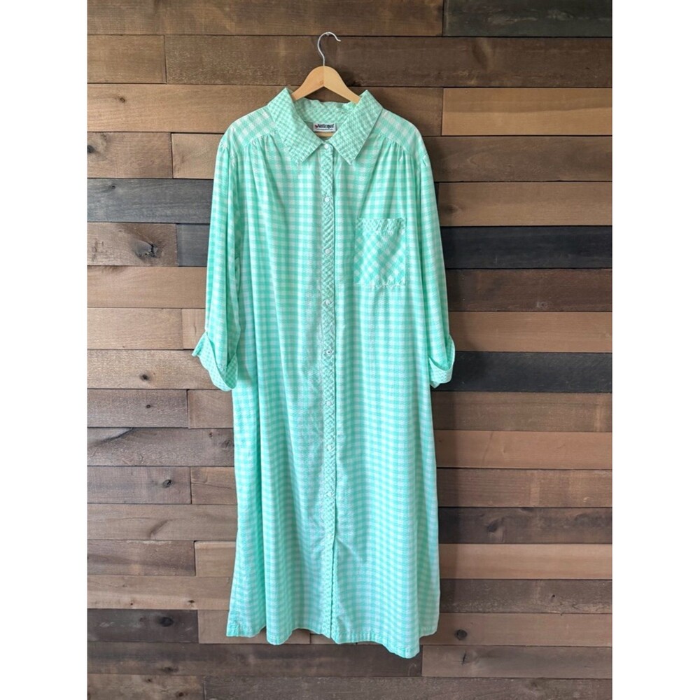 Vintage Mint Green Gingham Nightgown Button Front Midi Sleep Dress